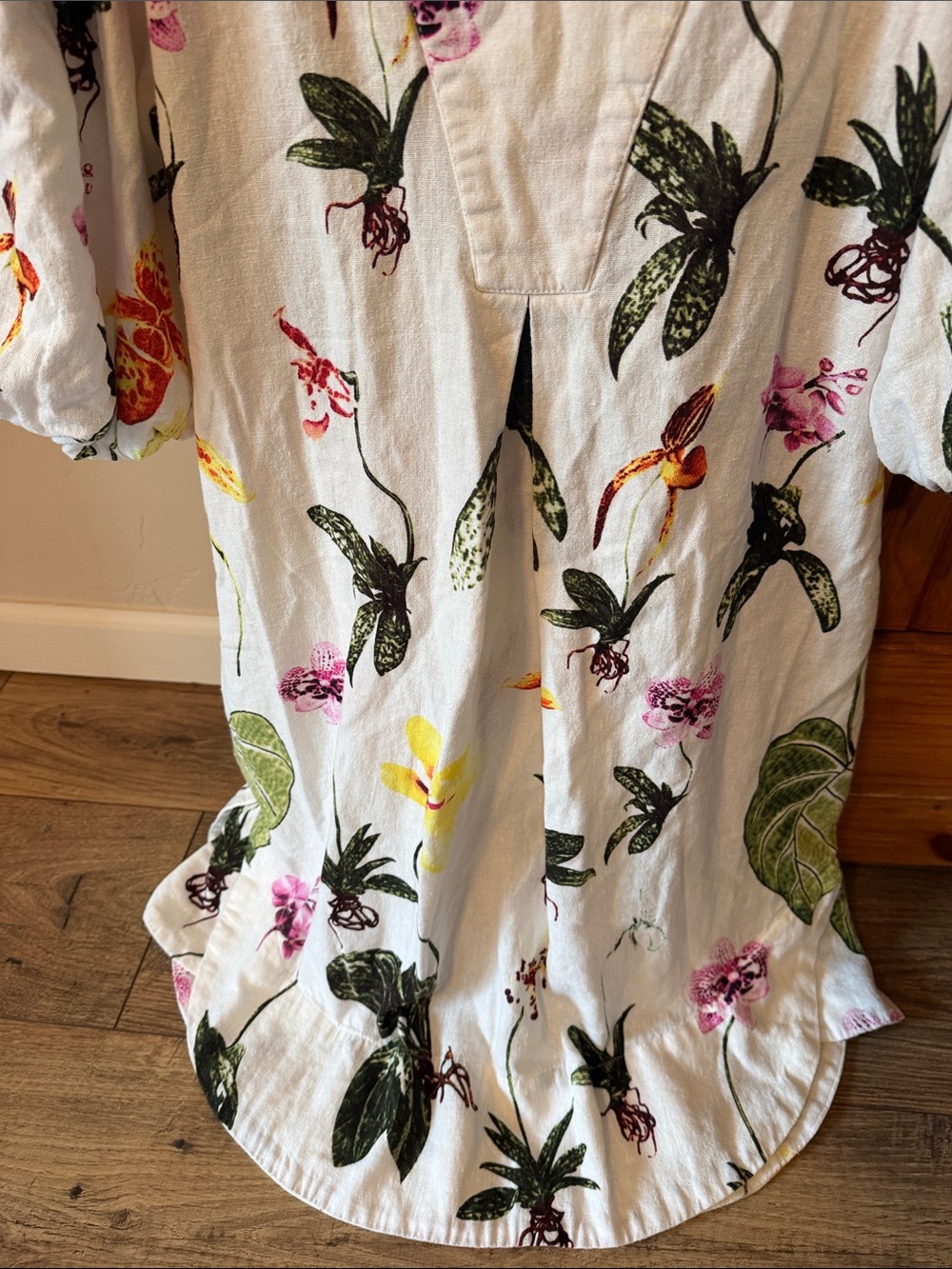 Joie Orchid Botanical Print Linen Puff Sleeve Dress Floral White Boho Size L - Picture 5 of 9